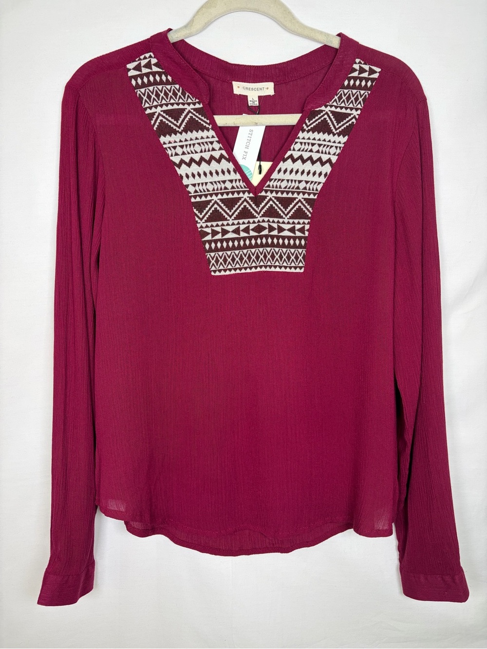 Simple Flowy Burgundy Boho Geometric Rayon Long Sleeve Peasant Blouse NWT Large